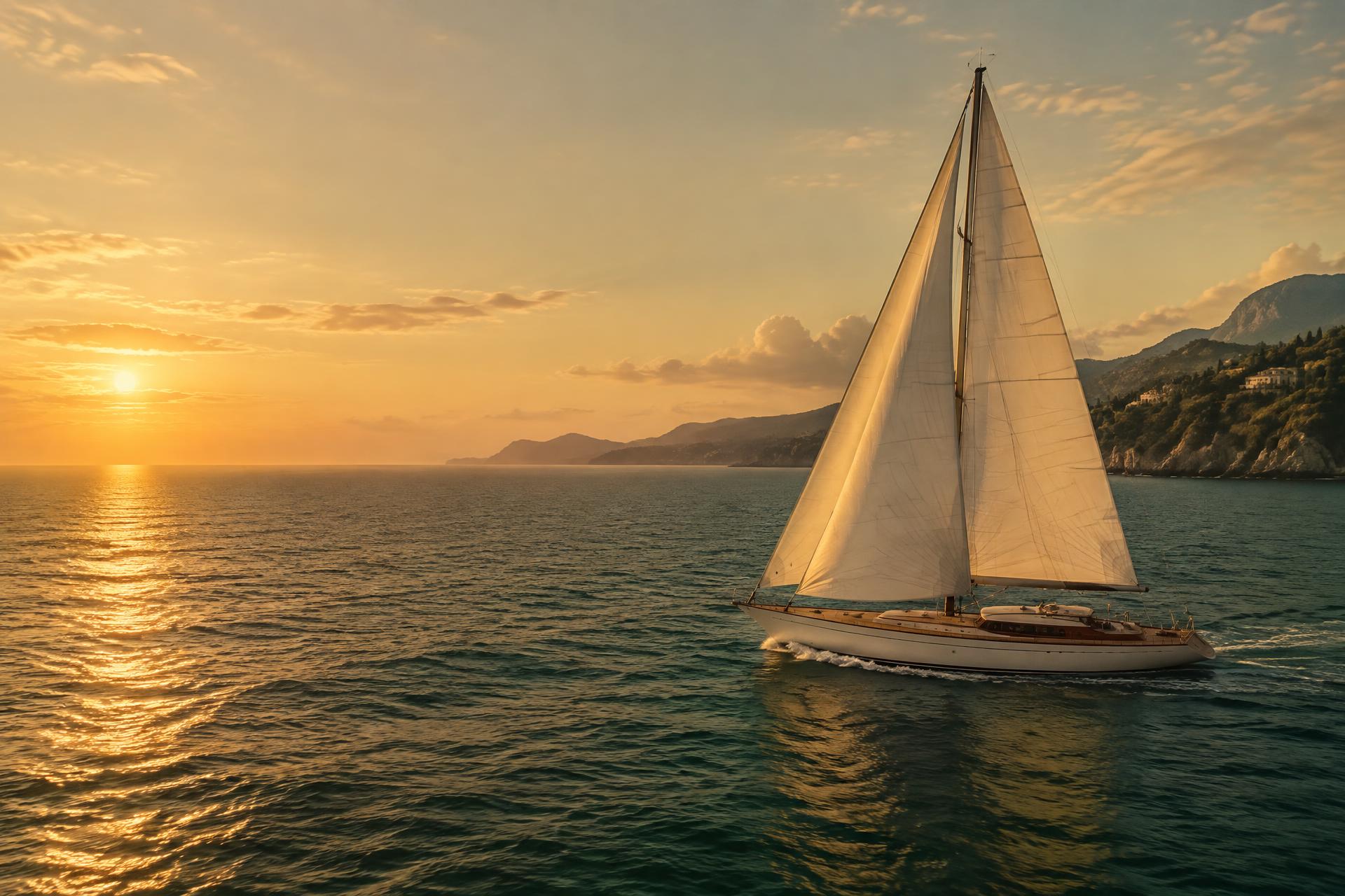 An elegant sailing yacht moving steadily across open water at golden hour